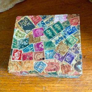 Vintage folk art multi country postage stamp decoupage wooden storage box